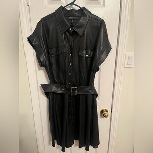 Eloquii Black Faux Leather Short Sleeve Pleated Dress W/ Belt Size 20
